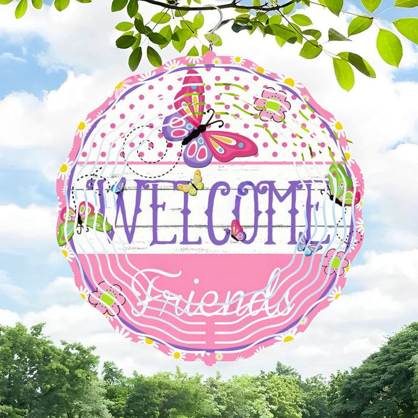 Funky Home Decor: Butterfly Welcome Wind Chimes，Round Spring Summer Wind Chimes for Homes, Bars, Offices, Man Caves, Garages, And Living Rooms. Also Makes A Great Gift. Style 10*10in（25*25cm）