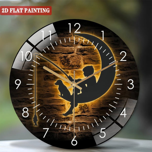 Decorative Clocks: Boy And Dog Fishing On The Moon Glass Wall Clock, Moon Dog Glass Wall Clock,Home Decor Crescent Moon Kid Nursery Decoration Housewarming Style 12×12inch(30×30cm)