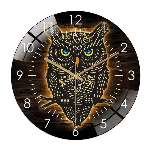 Decor Wall Clocks: Colorful Owl On Branch Glass Wall Clock, Love Birds Glass Wall Clock,Home Decor Owl Man Cave Decoration Mother's Father's Day Christmas Style 12×12inch