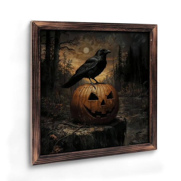 Room Decor Photo Frame Art Prints: Halloween- Night Scene Wood  Wall Art Black Crow with Pumpkin Decor Spooky Forest Painting Print Haunted Gothic Poster Gift Ready to Hang.08×08inch