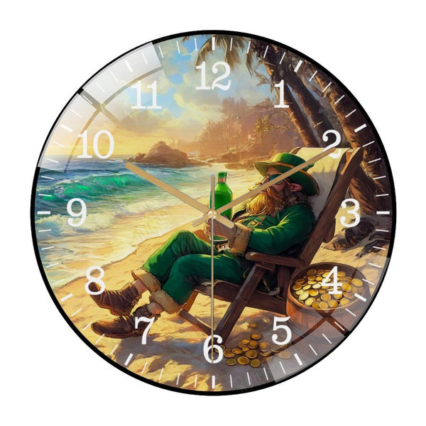 Decor Wall Clocks: Leprechaun on The Beach Pot of Gold  Glass Wall Clock,  Beach St. Patrick's Day Decor Wall Clock  for Homes, Bars, Offices, Man Caves, Garages, And Living Rooms .