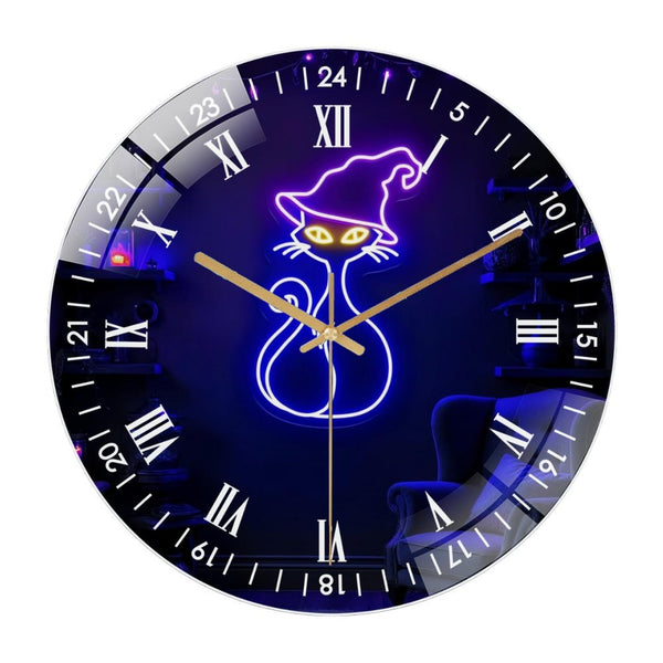 Decor Wall Clocks: Cute Witchy Cat Glass Wall Clock,Halloween Cat Wall Art Decor  Wall Clock, for Homes, Bars, Offices, Man Caves, Garages, And Living Rooms. Hallo-ween Gift .Also Makes A Grea.