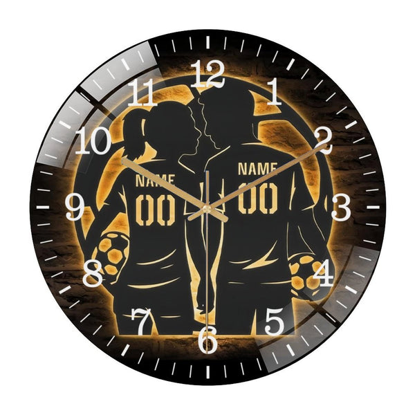 Decor Wall Clocks: Couple Soccer Glass Wall Clock, Football Player Lover  Wall Clock for Homes, Bars, Offices, Man Caves, Garages, And Living Rooms. Also Makes A Great Gift. Style 12×12inch(30×30cm)