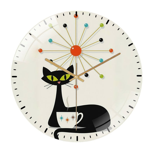Decor Wall Clock: Mid Century Modern Cat And Kitchen Art  Glass Wall Clock, Black Cat Lover Gift Wall Clock for Homes, Bars, Offices, Man Caves, Garages, And Living Rooms .Also Makes A Great Gift.