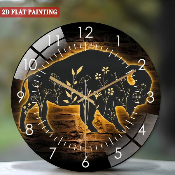 Clocks Wall Decor: Bison Wildflower Farmhouse Glass Wall Clocks, Floral Buffalo Farm Glass Wall Clocks, Home Decor Heifer Cow Barn Decoration Housewarming Birthday Style 12×12inch(30×30cm)