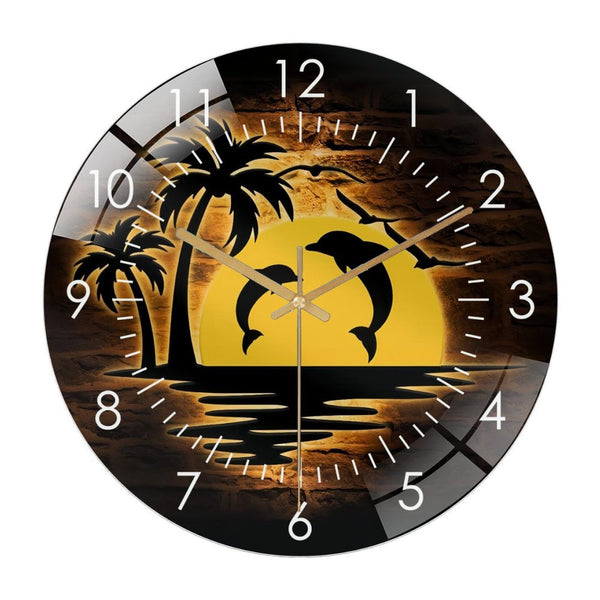 Decor Wall Clocks: Dolphin Palm Tree Sunset Glass Wall Clock，Tropical Island Glass Wall Clock，Home Decor Ocean Beach Life Decoration Christmas Housewarming Style 12×12inch(30×30cm)