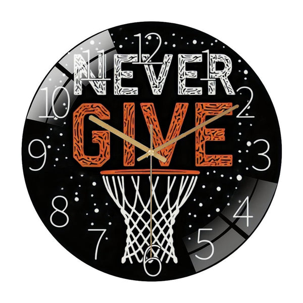 Decor Wall Clocks: Never Give Up Motivational Silent Glass Wall Clocks with Basketball Hoop Design, Black Background & White Numbers, Perfect for Home, Office, Study Room Decor, Style 12×12inch