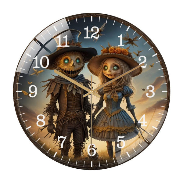 Decor Wall Clocks: Creepy Scarecrow Couple Glass Wall Clock for Homes, Bars, Offices, Man Caves, Garages, And Living Rooms. Also Makes A Great Gift. Style 12×12inch(30×30cm)
