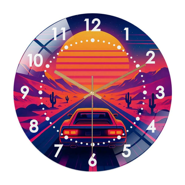 Decor Wall Clock: Desert Drive 1984, Retro Arcade Sunset Glass Wall Clock,  Vaporwave Road Trip Aesthetic Decor Wall Clock for Homes, Bars, Offices, Man Caves, Garages, And Living Rooms .