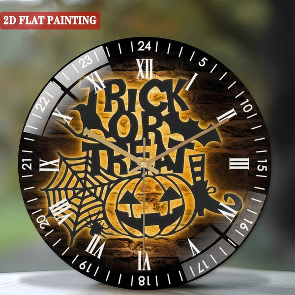 Clocks Wall Decor: Trick Or Treat Halloween Glass Wall Clocks, Pumpkin Spiderweb Glass Wall Clocks,Home Decor Halloween Decoration Happy Halloween Outdoor Gift. Style 12×12inch(30×30cm)