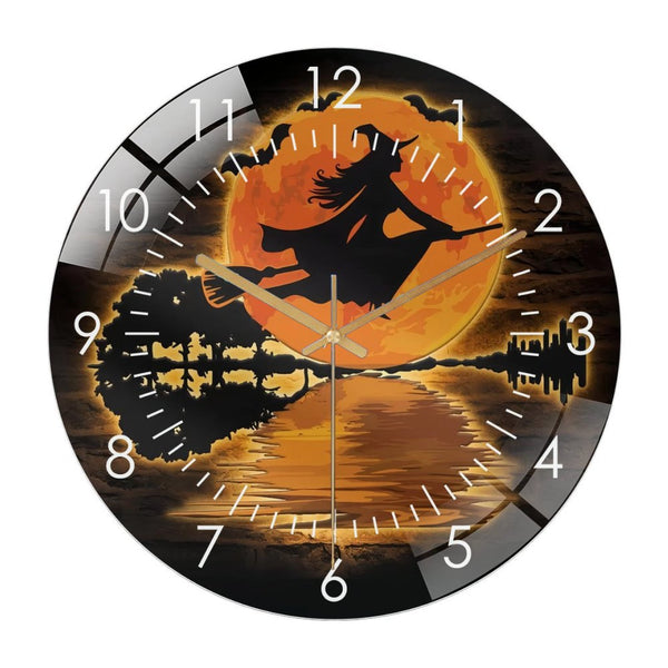 Decor Wall Clocks: Witch On The Moon Glass Wall Clock,Moon Witch Guitar  Home Decor Halloween- Decoration  Wall Clock, for Homes, Bars, Offices, Man Caves, Garages, And Living Rooms.