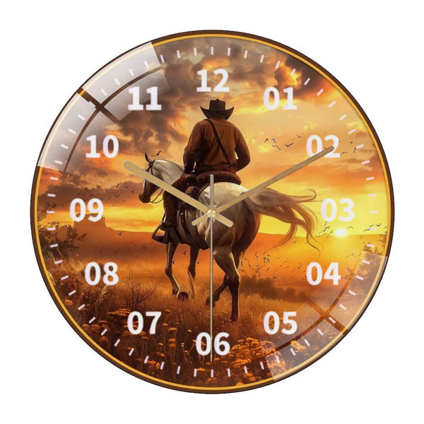 Decor Wall Clock: Cowboy White Horse  Glass Wall Clock, God's Country Cowboy White Horse Decor Wall Clock  for Homes, Bars, Offices, Man Caves, Garages, And Living Rooms .Also Makes A Great Gift.