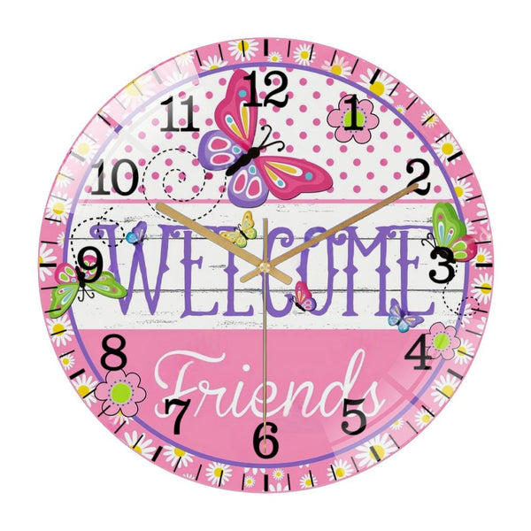 Decor Wall Clocks: Butterfly Welcome Glass Wall Clock ，Round Spring Summer Wall Clock for Homes, Bars, Offices, Man Caves, Garages, And Living Rooms. Also Makes A Great Gift. Style 12×12inch(30×30cm)