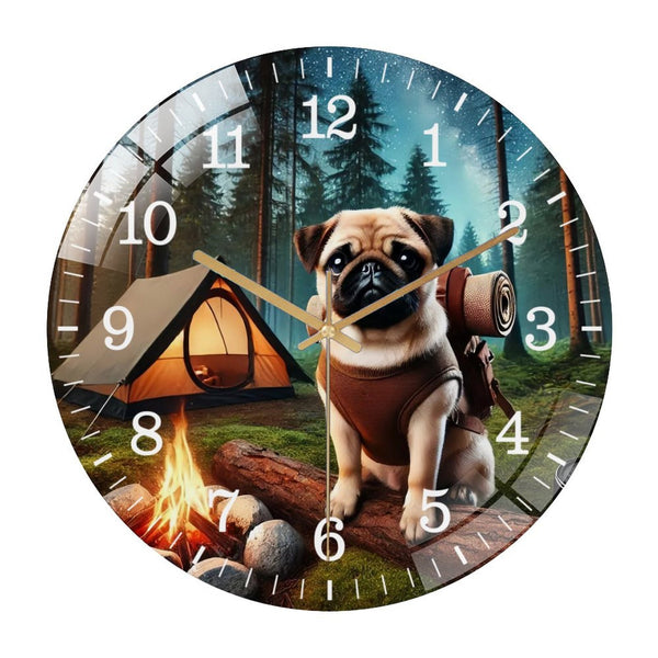 Decor Wall Clocks: Pug on A Adventure  Glass Wall Clock ,Dog Lover   Wall Clock  for Homes, Bars, Offices, Man Caves, Garages, And Living Rooms. Hallo Ween Gift .Also Makes A Great Gift.