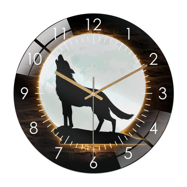 Decor Wall Clocks: Wolf On The Moon Glass Wall Clock， Howling Wolf Moon Glass Wall Clock， Home Decor Nursery Man Cave Decoration Christmas Housewarming Style 12×12inch(30×30cm)