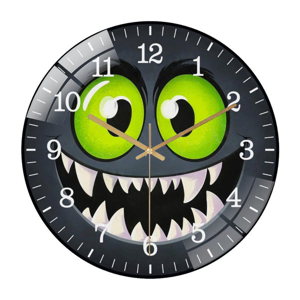 Decor Wall Clocks: Monster Face with Green Eyes Glass Wall Clock,  Colorful Monster Decor Wall Clock  for Homes, Bars, Offices, Man Caves, Garages, And Living Rooms .Also Makes A Great Gift.
