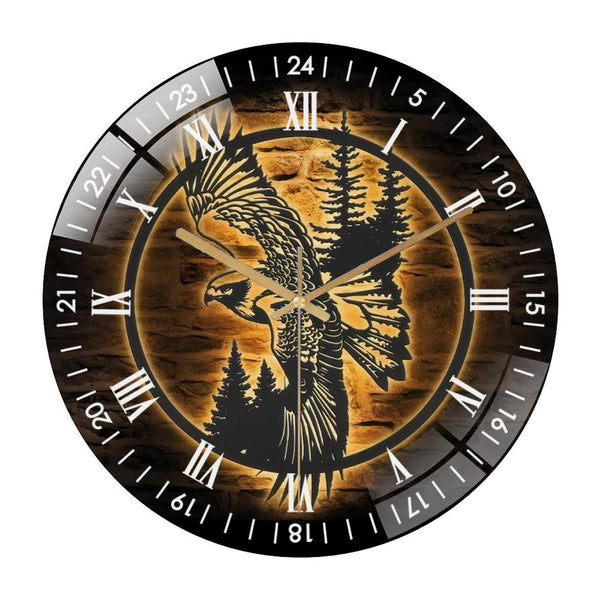 Decor Wall Clocks: Eagle Wispy Pine Tree Glass Wall Clock,Bald Eagle Cedar Tree Glass Wall Clock,Home Decor Kid Nursery Decoration Man Cave Christmas Housewarming Style 12×12inch(30×30cm)