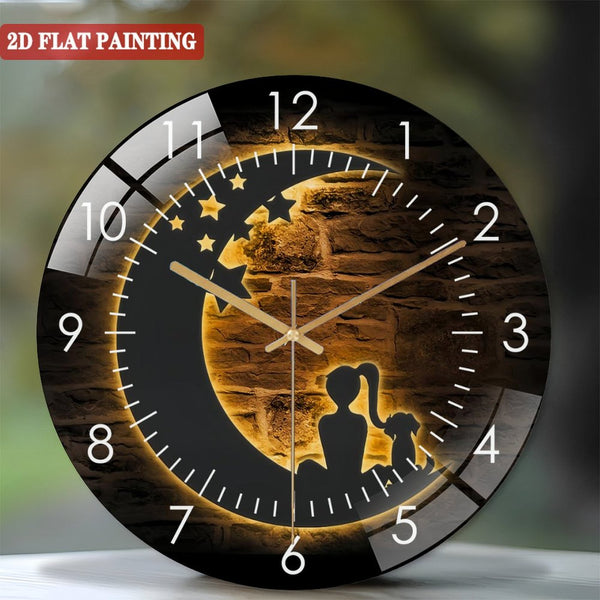 Decorative Clocks: Girl And Dog On The Moon Glass Wall Clock, Moon Dog Glass Wall Clock, Home Decor Crescent Moon Decoration Hanging Door Housewarming Christmas Style 12×12inch(30×30cm)