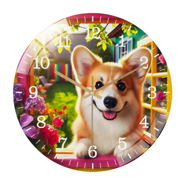 Decor Wall Clocks: Corgi in Window Dog Glass Wall Clock ,Dog Lover  Wall Clock  for Homes, Bars, Offices, Man Caves, Garages, And Living Rooms. .Also Makes A Great Gift. Style 12×12inch(30×30cm)