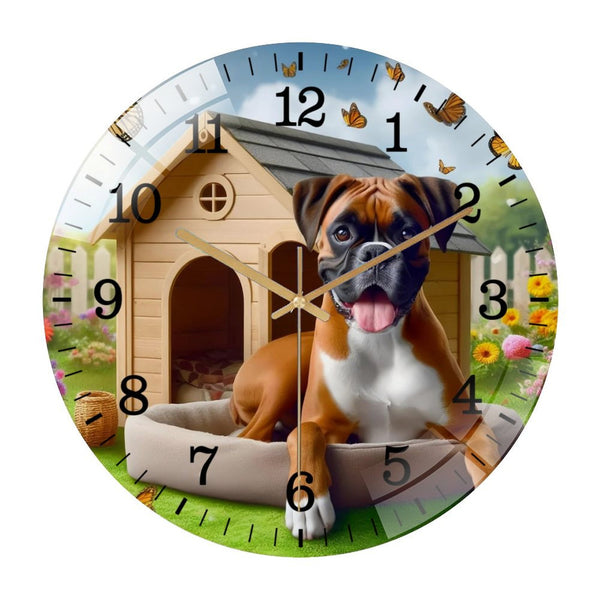 Decor Wall Clocks: Boxer in Dog House  Glass Wall Clock ,Dog Lover  Wall Clock  for Homes, Bars, Offices, Man Caves, Garages, And Living Rooms. .Also Makes A Great Gift.Hallo-ween Gift