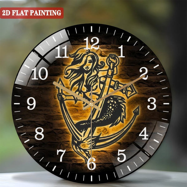 Decor Wall Clocks: Mermaid Girl Fish Tail Boat Anchor Glass Wall Clocks，Mermaid Glass Wall Clocks，Home Decor Kid Nursery Decoration Xmas Birthday Housewarming Style 12×12inch(30×30cm)