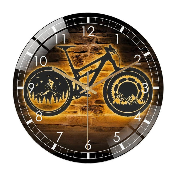 Decor Wall Clock: Cyclist Moun-tain Bike Sport Glass Wall Clock ,Bicycle MTB Wall Clock for Home Decor, Christmas Gift . Game Room, Man Cave, Party Decor, Bicycle Decor Rider Decoration