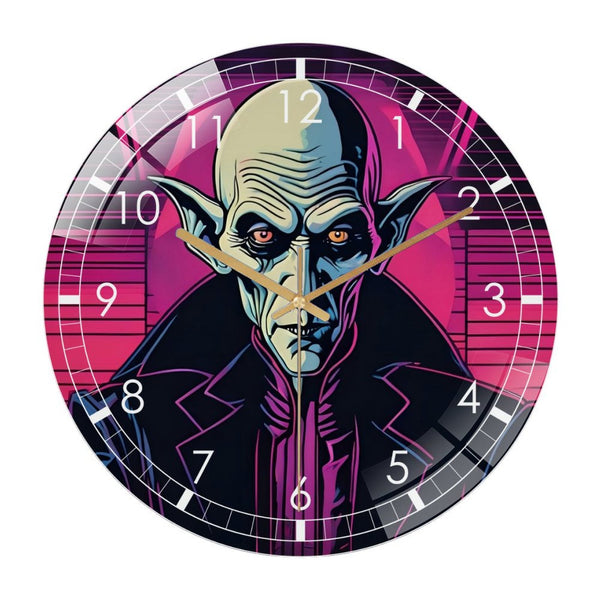 Decor Clocks： Retro Horror & Neon Vampire Glass Wall Clock, Gothic Horror Halloween- Decor Wall Clock for Homes, Bars, Offices, Man Caves, Garages, And Living Rooms .