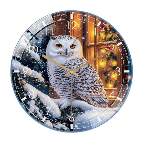 Decor Wall Clocks: Christmas Owl Glass Wall Clock,  Owl on A Branch Wall Clock  for Homes, Bars, Offices, Man Caves, Garages, And Living Rooms .Also Makes A Great Gift. Style 12×12inch(30×30cm)