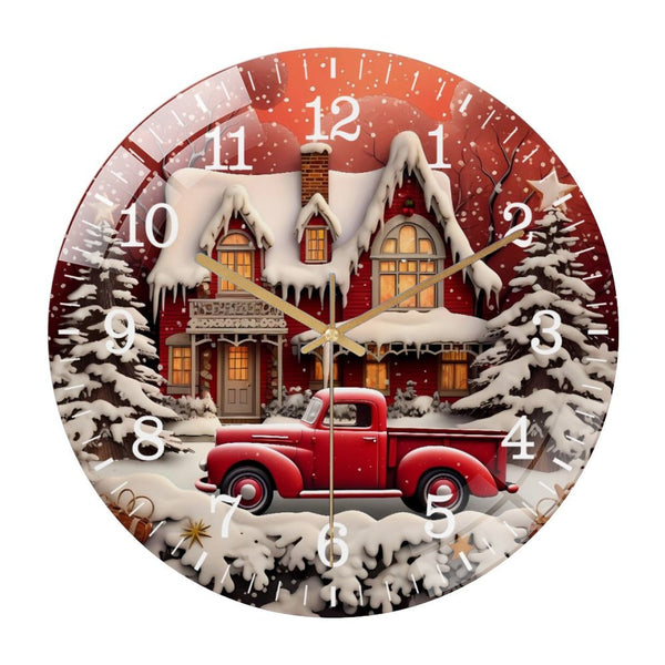 Decor Wall Clock: Red Truck Christmas Glass Wall Clock, Christmas  Decor Wall Clock  for Homes, Bars, Offices, Man Caves, Garages, And Living Rooms .Also Makes A Great Gift.