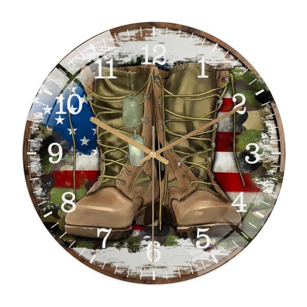 Decor Wall Clocks: Patriotic Boots  American Flag Glass Wall Clock,  Fourth of July Decor Wall Clock  for Homes, Bars, Offices, Man Caves, Garages, And Living Rooms .Also Makes A Great Gift.