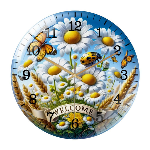 Decor Wall Clocks: Butterfly Summer Welcome  Glass Wall Clock ，Home Decor Wall Clock for Homes, Bars, Offices, Man Caves, Garages, And Living Rooms. Also Makes A Great Gift. Style 12×12inch(30×30cm)