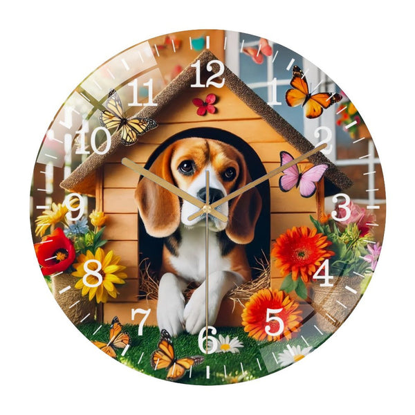Decor Wall Clocks: Beagle in Dog House  Glass Wall Clock ,Dog Lover  Wall Clock  for Homes, Bars, Offices, Man Caves, Garages, And Living Rooms. .Also Makes A Great Gift.Housewarming Gift