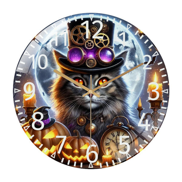 Decor Wall Clock: Steampunk Halloween- Cat   Glass Wall Clock, Full Moon Witchy Cat Decor Wall Clock  for Homes, Bars, Offices, Man Caves, Garages, And Living Rooms .Also Makes A Great Gift.