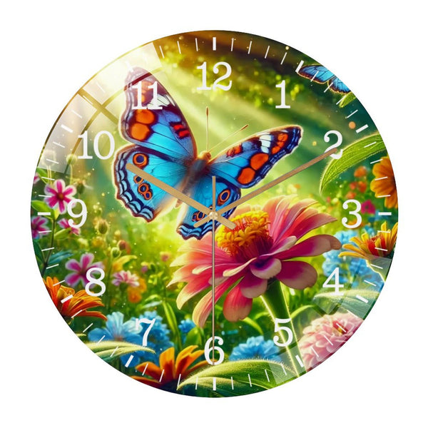 Decor Wall Clocks: Butterfly Glass Wall Clock ,Springtime  Flowers Home Decor  Wall Clock.Gift for Her for Homes, Bars, Offices, Man Caves, Garages, And Living Rooms. for Your Home Or Gift