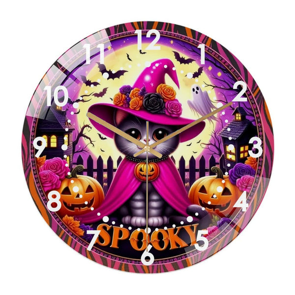 Decor Wall Clock: Round Spooky Pink Cat Halloween-  Glass Wall Clock, Witch Kitty Round Jack O Lantern Cat Decor Wall Clock  for Homes, Bars, Offices, Man Caves, Garages, And Living Rooms