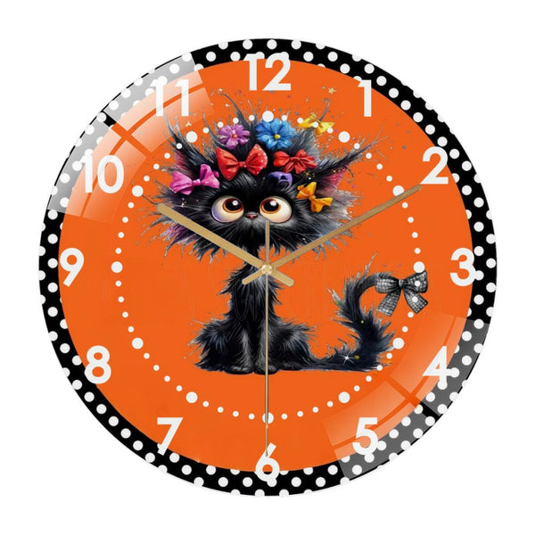 Decor Wall Clock: Black Cat Got Candy Halloween-  Glass Wall Clock, Halloween- Black  Cat  Decor Wall Clock  for Homes, Bars, Offices, Man Caves, Garages, And Living Rooms .