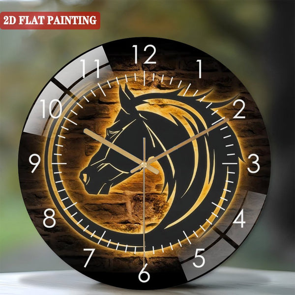 Decorative Clocks: Head Horse Circle Glass Wall Clock,Horse Barn Glass Wall Clock, Home Decor Country Kid Nursery Decoration Cowboy Cowgirl Christmas Birthday Xmas Style 12×12inch(30×30cm)
