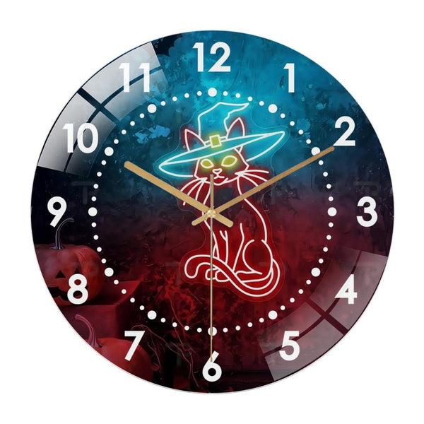 Decor Wall Clock: Witch Cat Hallo-ween Glass Wall Clock ,Spooky Black Cat  Decor Wall Clock for Homes, Bars, Offices, Man Caves, Garages, And Living Rooms. Kids Room Decor, Haunted House Party Room