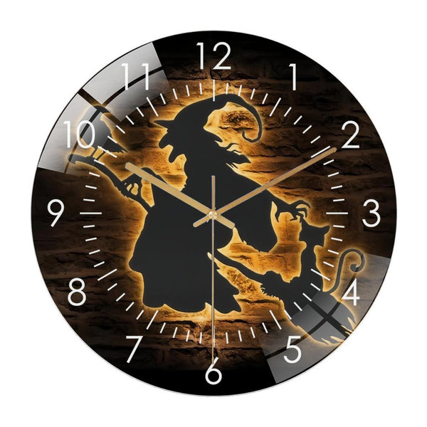 Decor Wall Clocks: Witch with Broomstick Halloween- Glass Wall Clock,Witch Home Decor Wall Clock, for Homes, Bars, Offices, Man Caves, Garages, And Living Rooms.