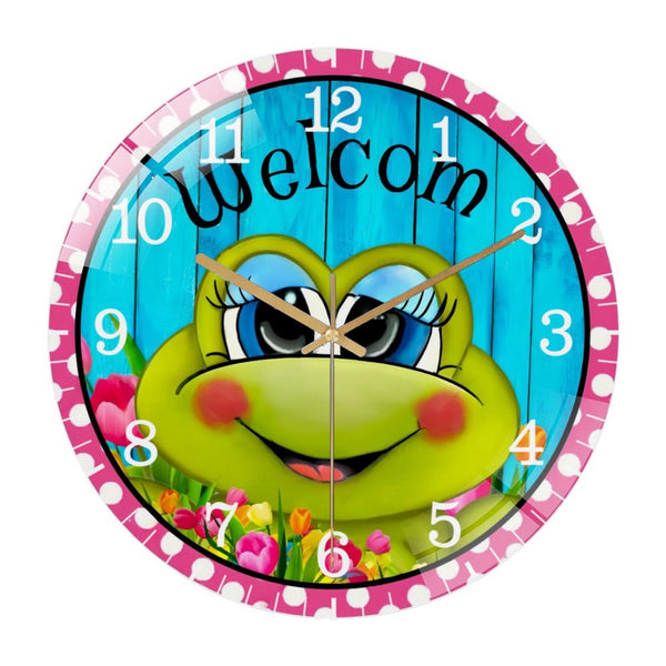 Decor Wall Clocks: Cute Frog Welcome Wreath Glass Wall Clock Round Frog  Summer  Wall Clock for Homes, Bars, Offices, Man Caves, Garages, And Living Rooms. Also Makes A Great Gift.