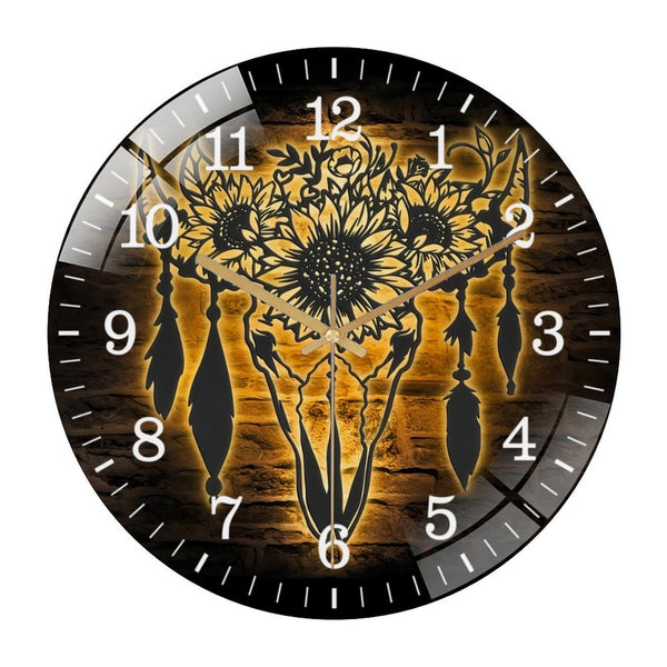 Decor Wall Clocks: Sunflower Cow Skull  Farmhouse Glass Wall Clocks,Floral Boho Buffalo Longhorn Glass Wall Clocks,Home Decor Heifer Barn Nursery Decoration Xmas Style 12×12inch(30×30cm)