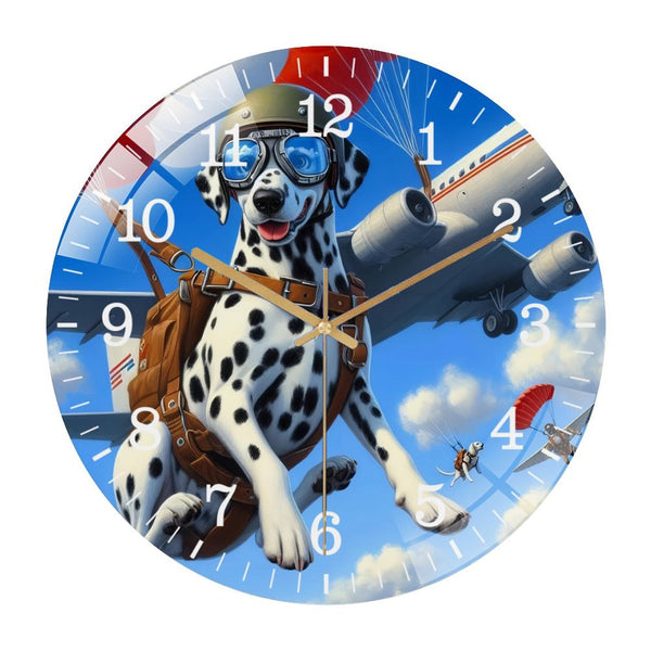Decorative Clocks: Funny Dalmatian Skydiving  Glass Wall Clock ,Dog Lover  Wall Clock  for Homes, Bars, Offices, Man Caves, Garages, And Living Rooms. Style 12×12inch(30×30cm)