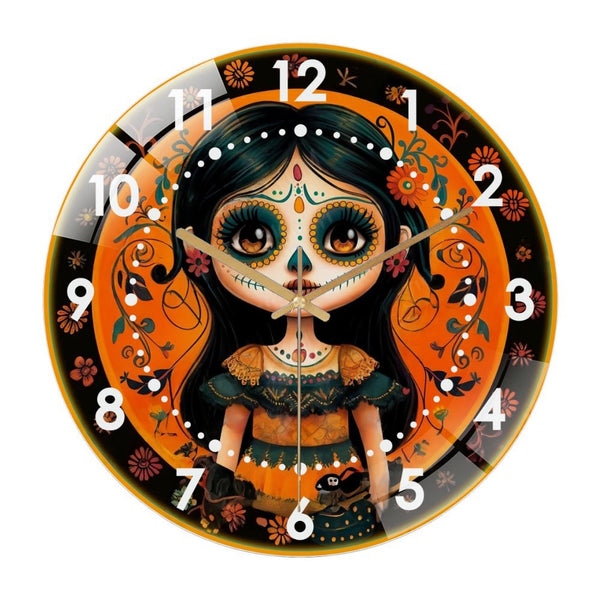 Decor Wall Clock: Cute Girl Dia De Muertos Glass Wall Clock, Girl Skeleton Day of The Dead  Wall Clock  for Homes, Bars, Offices, Man Caves, Garages, And Living Rooms .