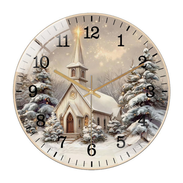 Decor Wall Clocks: White Church in The Snow Glass Wall Clock,  Winter Christmas Holiday Decor Wall Clock  for Homes, Bars, Offices, Man Caves, Garages, And Living Rooms .Also Makes A Great Gift.