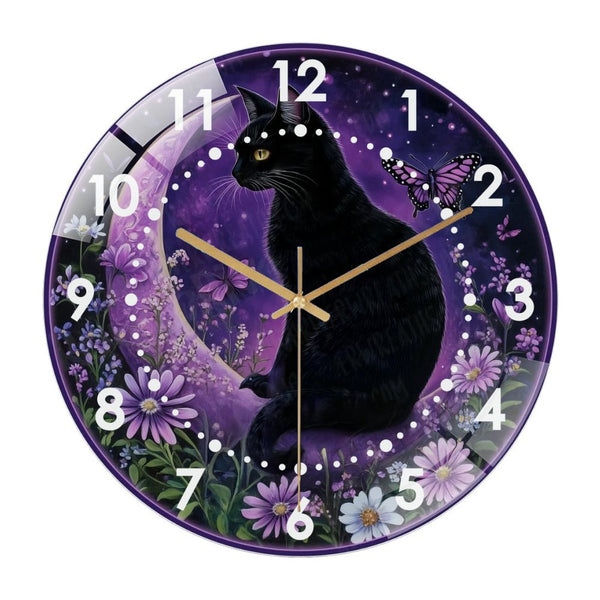 Decor Wall Clocks: Adorable Black Cat Sitting in A Crescent Moon Glass Wall Clock for Homes, Bars, Offices, Man Caves, Garages, And Living Rooms. Also Makes A Great Gift. Style 12×12inch(30×30cm)