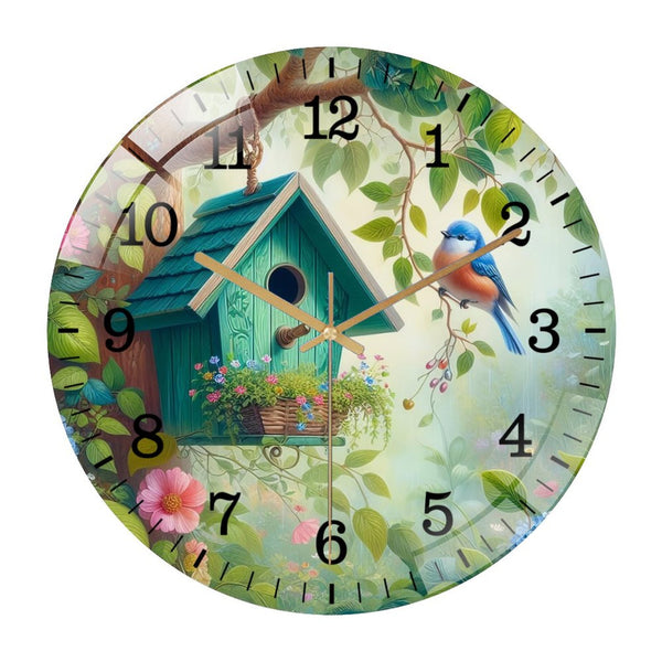 Decor Wall Clocks: Birdhouse in The Tree  Glass Wall Clock, Bird Wall Clock, Springtime Flowers  Bird Lover ,Housewarming Gift Style 12×12inch(30×30cm)