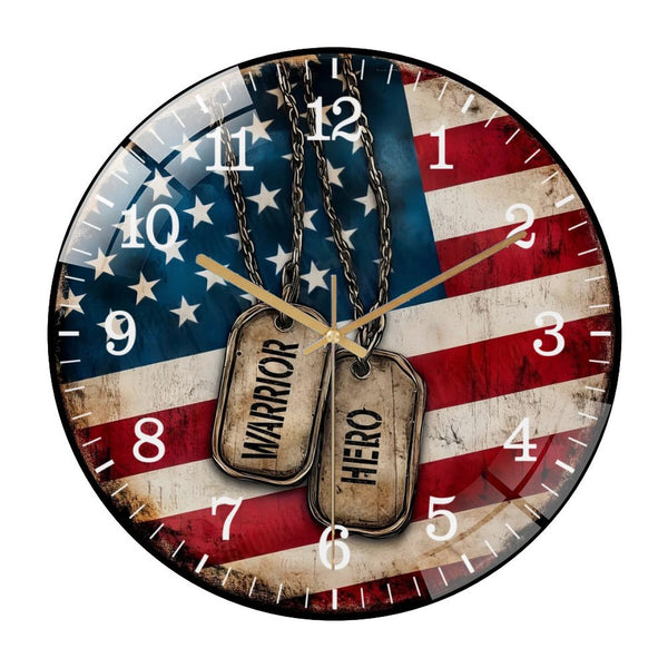 Decor Wall Clocks: Dog Tags with Flag Veteran Glass Wall Clock,  Memorial Day Decor Wall Clock  for Homes, Bars, Offices, Man Caves, Garages, And Living Rooms .Also Makes A Great Gift.