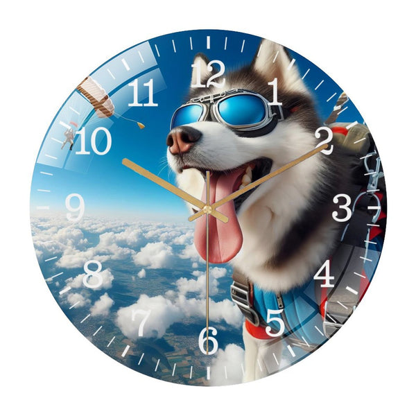 Decor Wall Clocks: Funny Husky Skydiving Glass Wall Clock ,Dog Skydiving Collection Wall Clock ，Dog Lover  Wall Clock  for Homes, Bars, Offices, Man Caves, Garages, And Living Rooms.