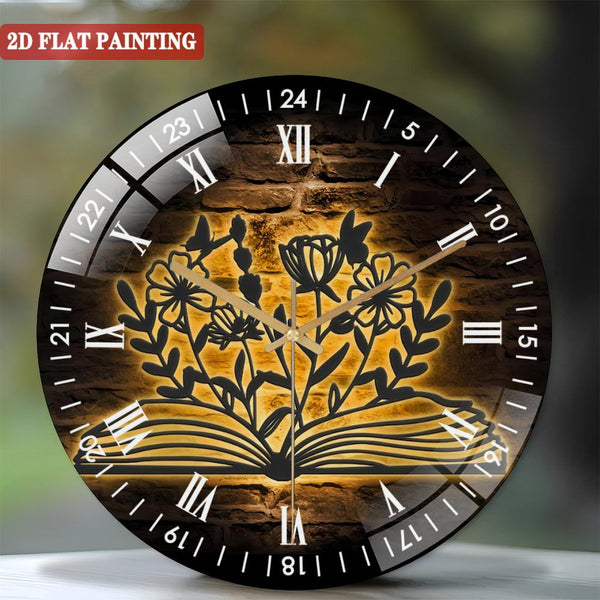 Decor Wall Clock:Floral Book Lover Glass Wall Clocks,Flowers Book Glass Wall Clocks,Reading Decor Reader Library Classroom Decoration Nerd Nursery Housewaring Gift Style 12×12inch(30×30cm)
