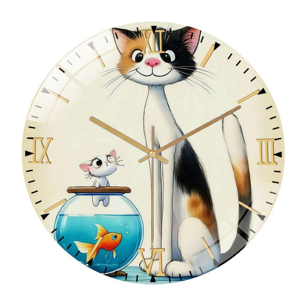 Decor Wall Clock: Cats And Goldfish, Whimsical Cat Glass Wall Clock,Fish Bowl Decor .Cute Pet  Wall Clock for Homes, Bars, Offices, Man Caves, Garages, And Living Rooms .Also Makes A Great Gift.